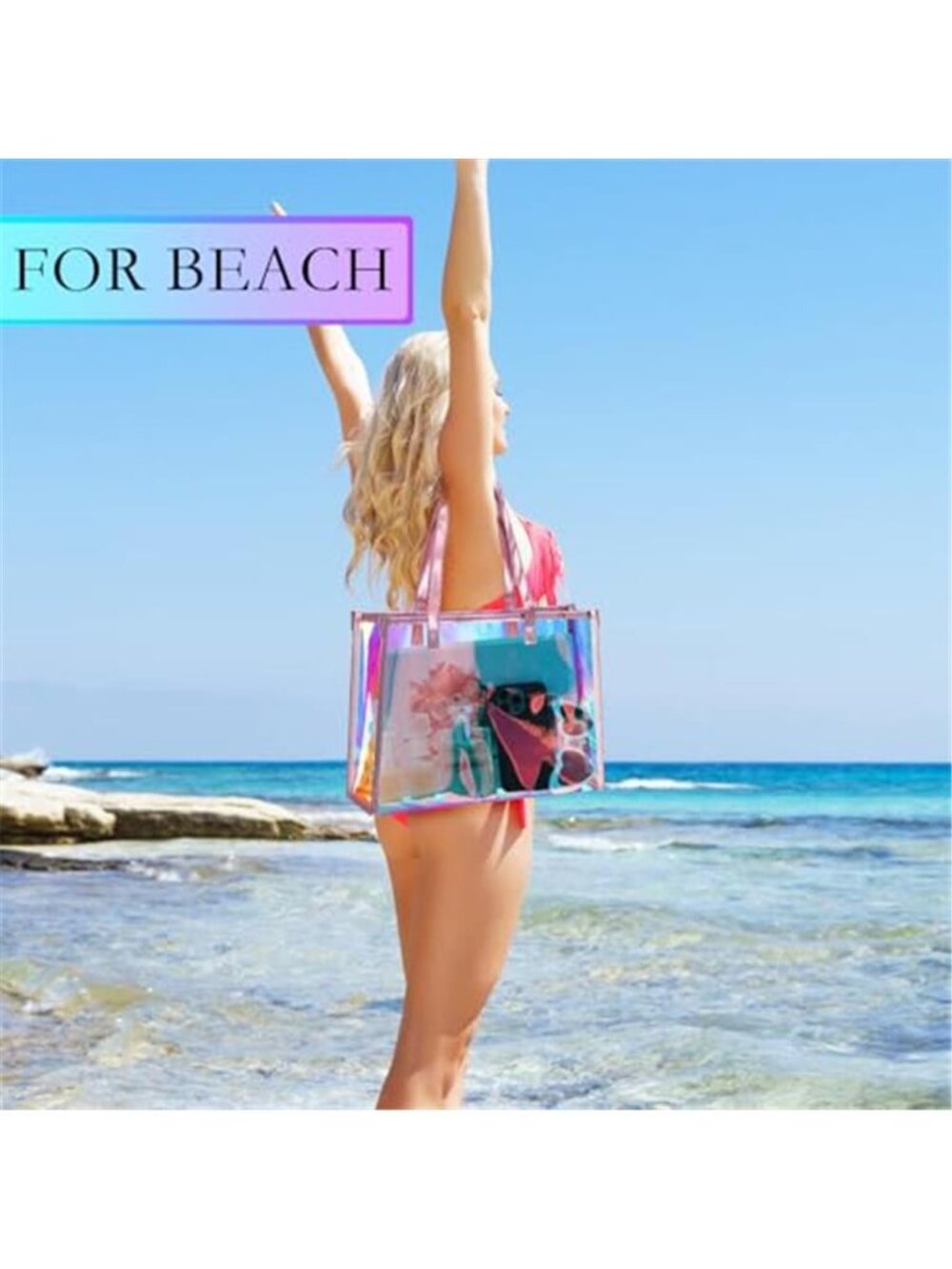 Holographic Clear Tote Bag with Leather Handle Iridescent Bachelorette - Picture 5 of 6